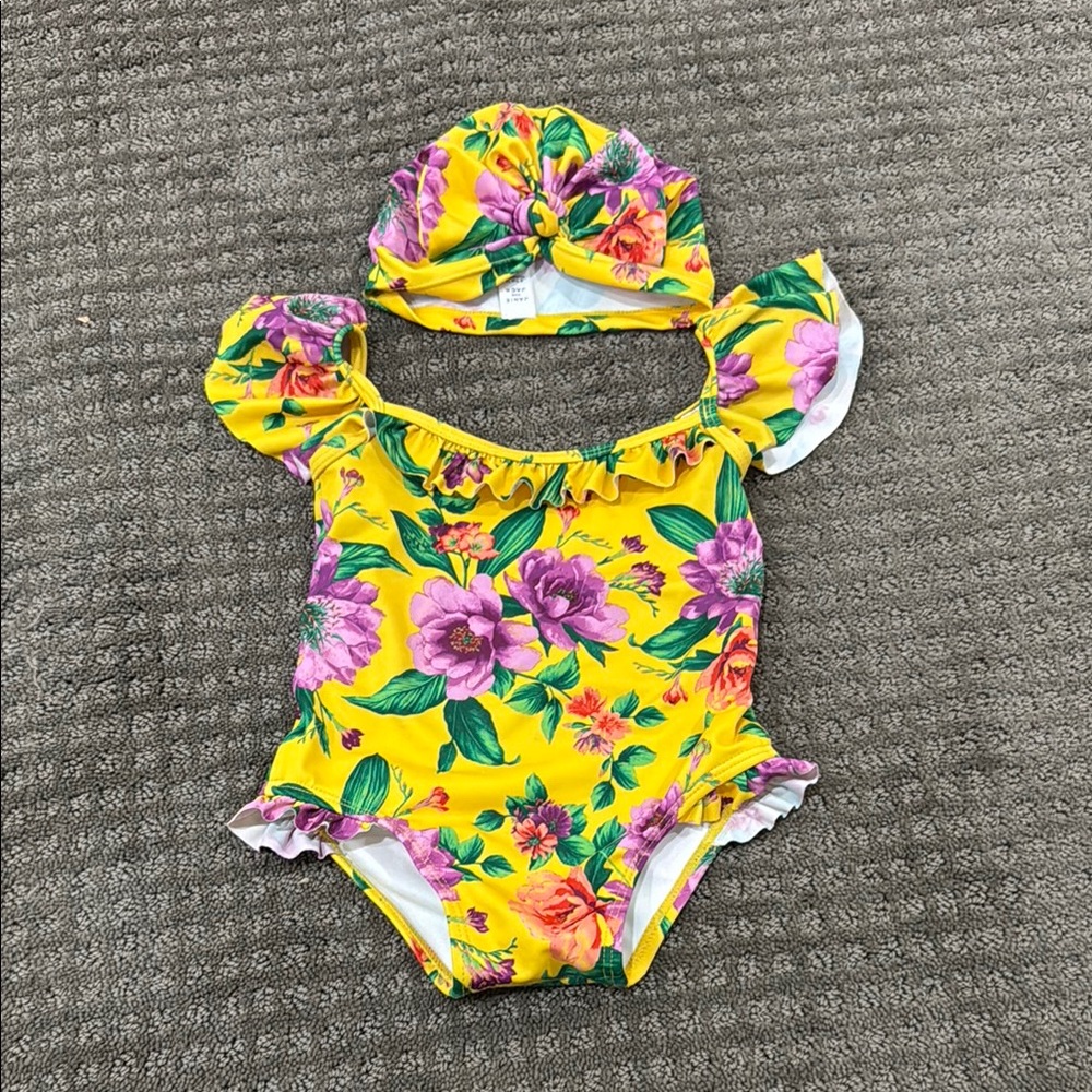 Janie and Jack Floral Yellow Baby Swimsuit with swim Hat